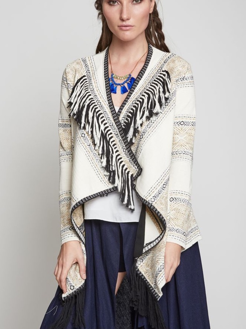 CHEKANKA Mexico Aztec Southwestern Fringed Cardigan Sweater M